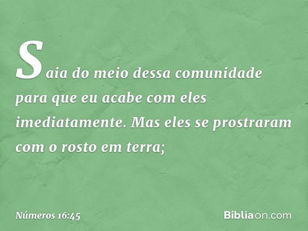 "Saia do meio dessa comunidade para que eu acabe com eles imediatamente". Mas eles se prostraram com o rosto em terra; -- Números 16:45