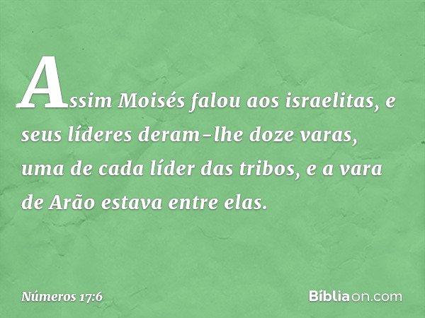 Assim Moisés falou aos israelitas, e seus líderes deram-lhe doze varas, uma de cada líder das tribos, e a vara de Arão estava entre elas. -- Números 17:6