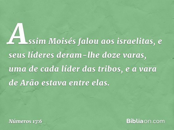 Assim Moisés falou aos israelitas, e seus líderes deram-lhe doze varas, uma de cada líder das tribos, e a vara de Arão estava entre elas. -- Números 17:6