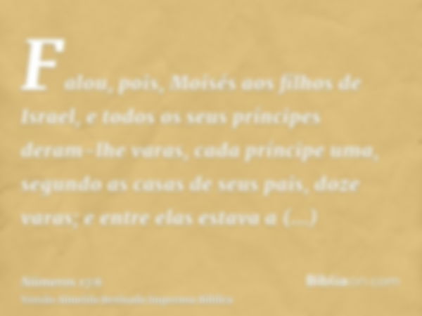 Falou, pois, Moisés aos filhos de Israel, e todos os seus príncipes deram-lhe varas, cada príncipe uma, segundo as casas de seus pais, doze varas; e entre elas 