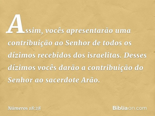 Assim, vocês apresentarão uma contribuição ao Senhor de todos os dízimos recebidos dos israelitas. Desses dízimos vocês darão a contribuição do Senhor ao sacerd