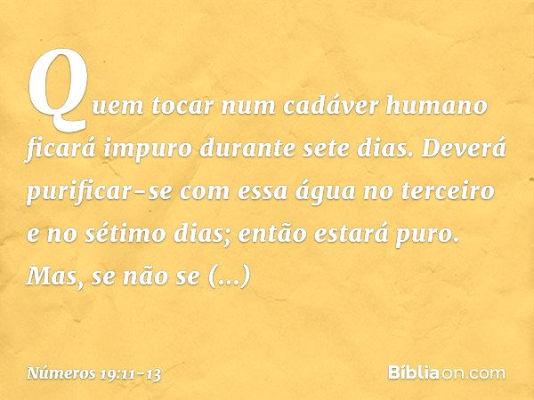 "Quem tocar num cadáver humano ficará impuro durante sete dias. Deverá purificar-se com essa água no terceiro e no sétimo dias; então estará puro. Mas, se não s