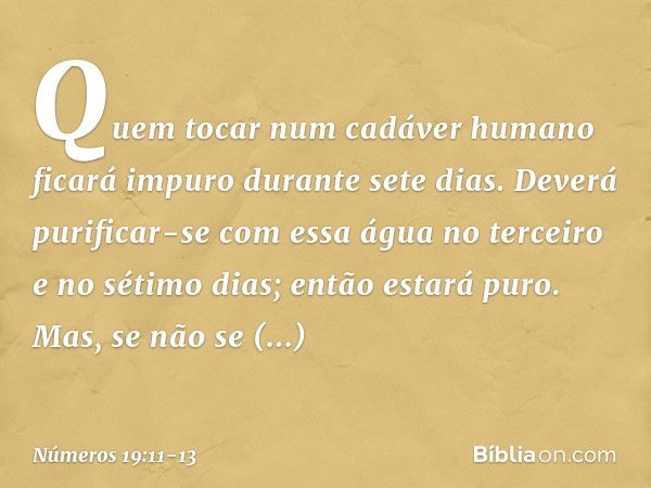 "Quem tocar num cadáver humano ficará impuro durante sete dias. Deverá purificar-se com essa água no terceiro e no sétimo dias; então estará puro. Mas, se não s