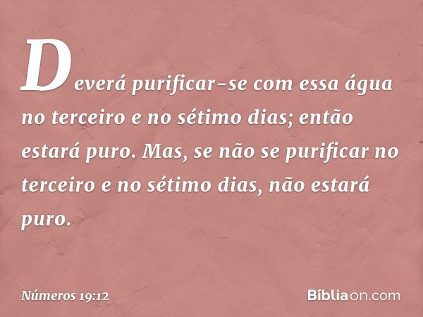 Deverá purificar-se com essa água no terceiro e no sétimo dias; então estará puro. Mas, se não se purificar no terceiro e no sétimo dias, não estará puro. -- Nú