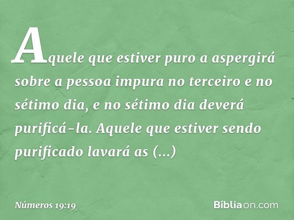 Aquele que estiver puro a aspergirá sobre a pessoa impura no terceiro e no sétimo dia, e no sétimo dia deverá purificá-la. Aquele que estiver sendo purificado l