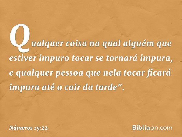 Qualquer coisa na qual alguém que estiver impuro tocar se tornará impura, e qualquer pessoa que nela tocar ficará impura até o cair da tarde". -- Números 19:22