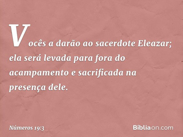 Vocês a darão ao sacerdote Eleazar; ela será levada para fora do acampamento e sacrificada na presença dele. -- Números 19:3