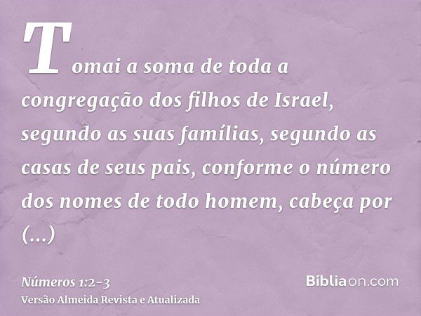 Tomai a soma de toda a congregação dos filhos de Israel, segundo as suas famílias, segundo as casas de seus pais, conforme o número dos nomes de todo homem, cab