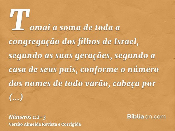 Tomai a soma de toda a congregação dos filhos de Israel, segundo as suas gerações, segundo a casa de seus pais, conforme o número dos nomes de todo varão, cabeç