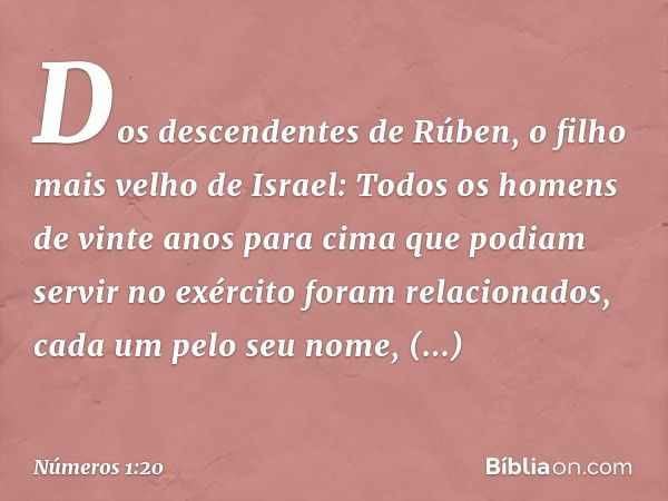 Dos descendentes de Rúben, o filho mais velho de Israel:
Todos os homens de vinte anos para cima que podiam servir no exército foram relacionados, cada um pelo 