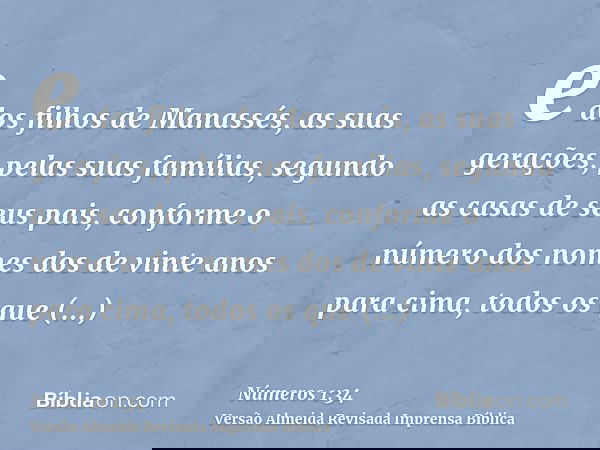 e dos filhos de Manassés, as suas gerações, pelas suas famílias, segundo as casas de seus pais, conforme o número dos nomes dos de vinte anos para cima, todos o