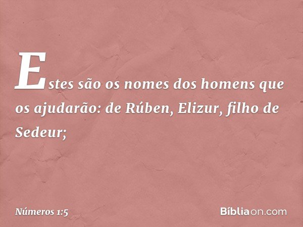 Estes são os nomes dos homens que os ajudarão:
de Rúben, Elizur, filho de Sedeur; -- Números 1:5