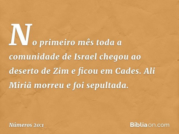 No primeiro mês toda a comunidade de Israel chegou ao deserto de Zim e ficou em Cades. Ali Miriã morreu e foi sepultada. -- Números 20:1