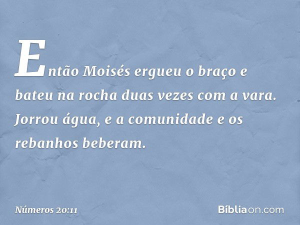 Então Moisés ergueu o braço e bateu na rocha duas vezes com a vara. Jorrou água, e a comunidade e os rebanhos beberam. -- Números 20:11