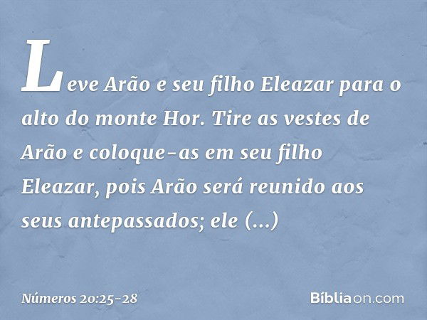 Leve Arão e seu filho Eleazar para o alto do monte Hor. Tire as vestes de Arão e coloque-as em seu filho Eleazar, pois Arão será reunido aos seus antepassados; 