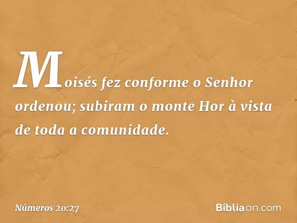 Moisés fez conforme o Senhor ordenou; subiram o monte Hor à vista de toda a comunidade. -- Números 20:27