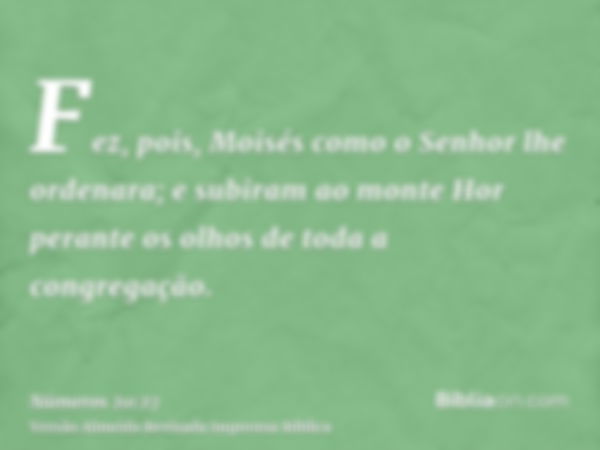 Fez, pois, Moisés como o Senhor lhe ordenara; e subiram ao monte Hor perante os olhos de toda a congregação.