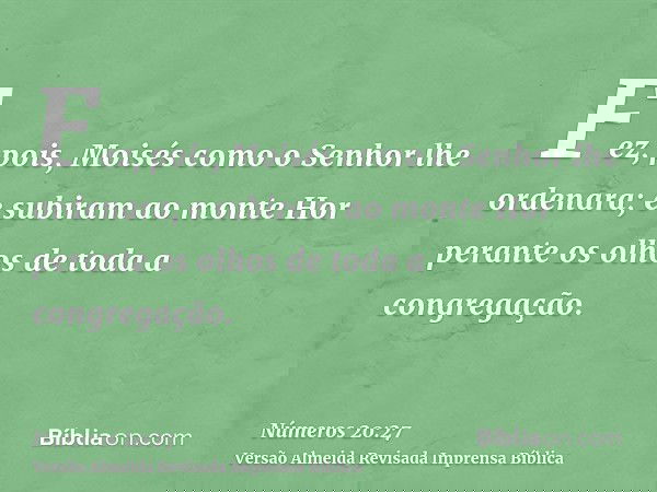 Fez, pois, Moisés como o Senhor lhe ordenara; e subiram ao monte Hor perante os olhos de toda a congregação.