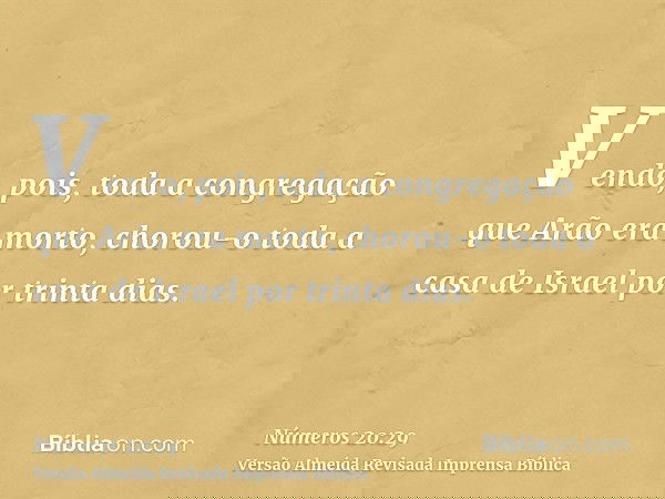 Vendo, pois, toda a congregação que Arão era morto, chorou-o toda a casa de Israel por trinta dias.