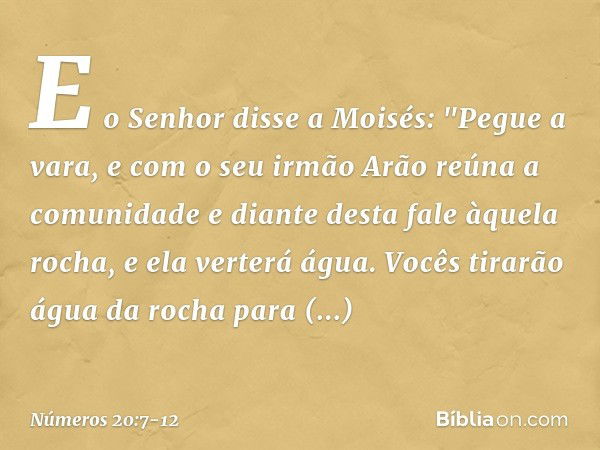 E o Senhor disse a Moisés: "Pegue a vara, e com o seu irmão Arão reúna a comunidade e diante desta fale àquela rocha, e ela verterá água. Vocês tirarão água da 