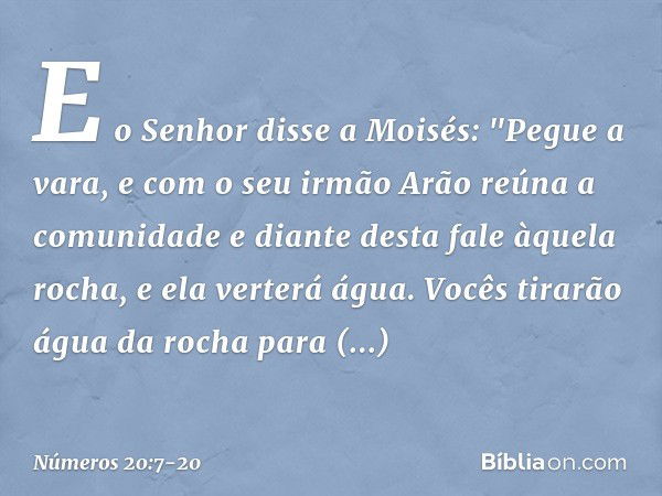 E o Senhor disse a Moisés: "Pegue a vara, e com o seu irmão Arão reúna a comunidade e diante desta fale àquela rocha, e ela verterá água. Vocês tirarão água da 