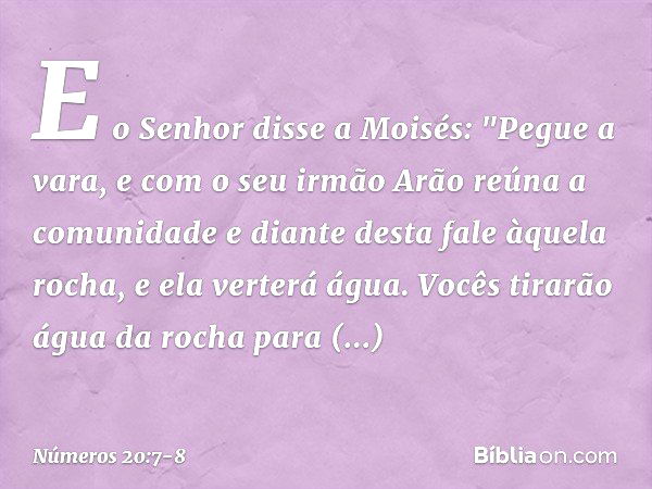 E o Senhor disse a Moisés: "Pegue a vara, e com o seu irmão Arão reúna a comunidade e diante desta fale àquela rocha, e ela verterá água. Vocês tirarão água da 