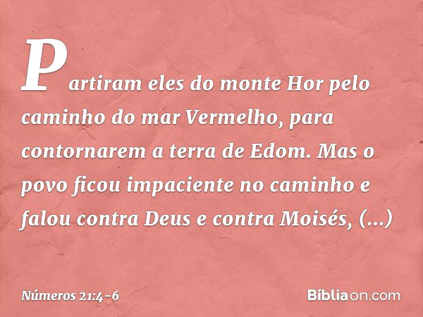 Partiram eles do monte Hor pelo caminho do mar Vermelho, para contornarem a terra de Edom. Mas o povo ficou impaciente no caminho e falou contra Deus e contra M