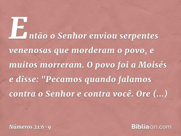 Então o Senhor enviou serpentes venenosas que morderam o povo, e muitos morreram. O povo foi a Moisés e disse: "Pecamos quando falamos contra o Senhor e contra 