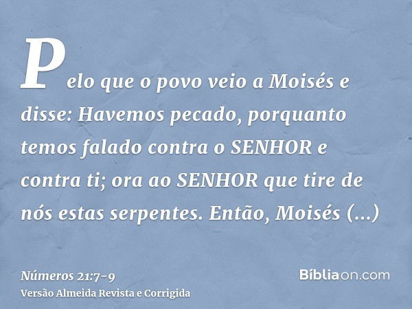 Pelo que o povo veio a Moisés e disse: Havemos pecado, porquanto temos falado contra o SENHOR e contra ti; ora ao SENHOR que tire de nós estas serpentes. Então,