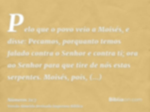 Pelo que o povo veio a Moisés, e disse: Pecamos, porquanto temos falado contra o Senhor e contra ti; ora ao Senhor para que tire de nós estas serpentes. Moisés,