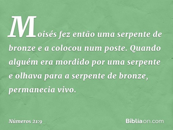 Moisés fez então uma serpente de bronze e a colocou num poste. Quando alguém era mordido por uma serpente e olhava para a serpente de bronze, permanecia vivo. -