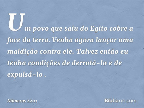 'Um povo que saiu do Egito cobre a face da terra. Venha agora lançar uma maldição contra ele. Talvez então eu tenha condições de derrotá-lo e de expulsá-lo' ". 