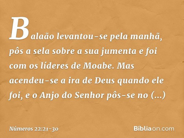 Balaão levantou-se pela manhã, pôs a sela sobre a sua jumenta e foi com os líderes de Moabe. Mas acendeu-se a ira de Deus quando ele foi, e o Anjo do Senhor pôs