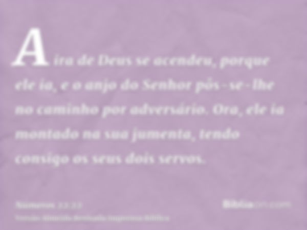 A ira de Deus se acendeu, porque ele ia, e o anjo do Senhor pôs-se-lhe no caminho por adversário. Ora, ele ia montado na sua jumenta, tendo consigo os seus dois