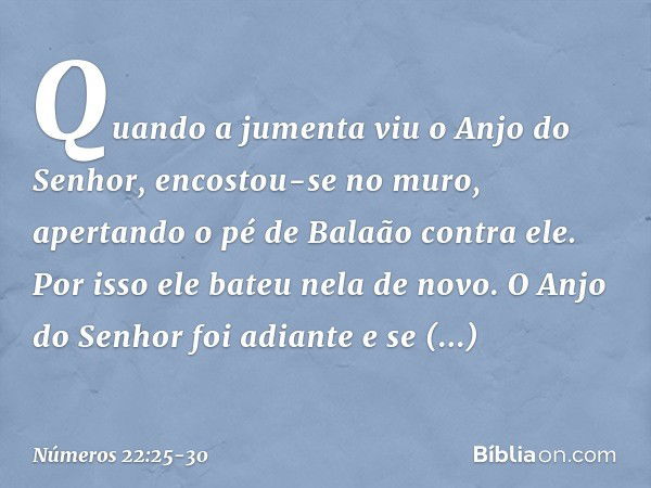 Quando a jumenta viu o Anjo do Senhor, encostou-se no muro, apertando o pé de Balaão contra ele. Por isso ele bateu nela de novo. O Anjo do Senhor foi adiante e