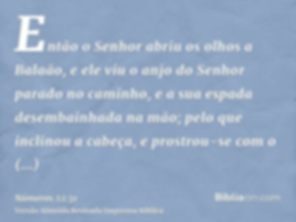 Então o Senhor abriu os olhos a Balaão, e ele viu o anjo do Senhor parado no caminho, e a sua espada desembainhada na mão; pelo que inclinou a cabeça, e prostro