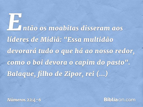 Então os moabitas disseram aos líderes de Midiã: "Essa multidão devorará tudo o que há ao nosso redor, como o boi devora o capim do pasto".
Balaque, filho de Zi