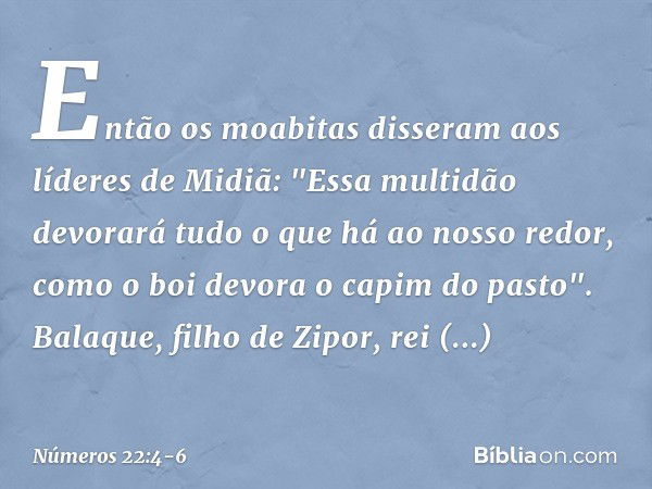 Então os moabitas disseram aos líderes de Midiã: "Essa multidão devorará tudo o que há ao nosso redor, como o boi devora o capim do pasto".
Balaque, filho de Zi