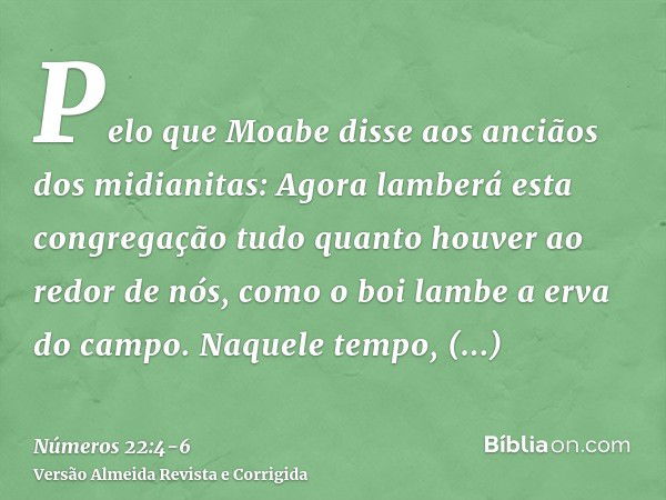 Pelo que Moabe disse aos anciãos dos midianitas: Agora lamberá esta congregação tudo quanto houver ao redor de nós, como o boi lambe a erva do campo. Naquele te