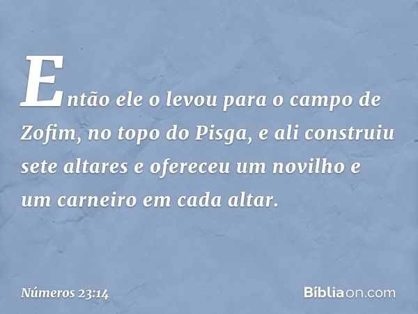 Então ele o levou para o campo de Zofim, no topo do Pisga, e ali construiu sete altares e ofereceu um novilho e um carneiro em cada altar. -- Números 23:14