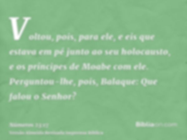 Voltou, pois, para ele, e eis que estava em pé junto ao seu holocausto, e os príncipes de Moabe com ele. Perguntou-lhe, pois, Balaque: Que falou o Senhor?