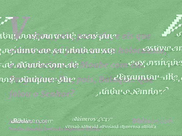 Voltou, pois, para ele, e eis que estava em pé junto ao seu holocausto, e os príncipes de Moabe com ele. Perguntou-lhe, pois, Balaque: Que falou o Senhor?