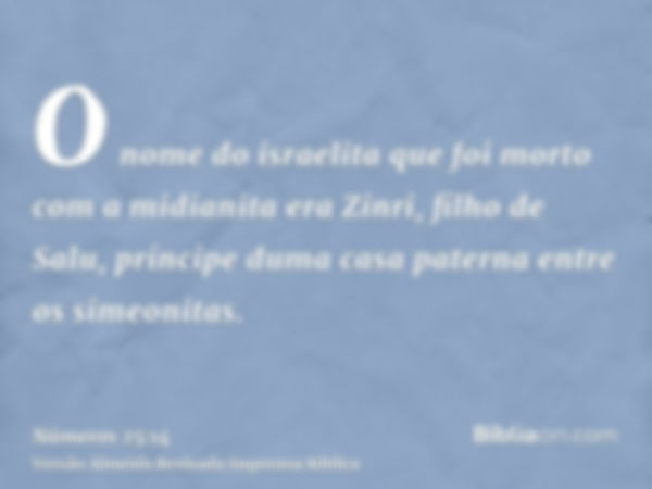 O nome do israelita que foi morto com a midianita era Zinri, filho de Salu, príncipe duma casa paterna entre os simeonitas.