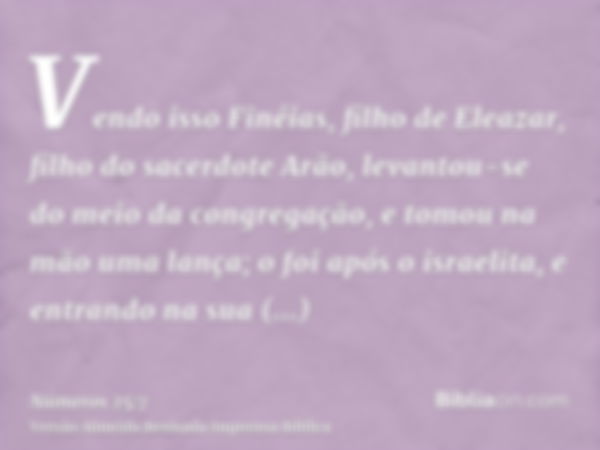 Vendo isso Finéias, filho de Eleazar, filho do sacerdote Arão, levantou-se do meio da congregação, e tomou na mão uma lança; o foi após o israelita, e entrando 