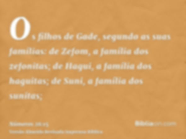 Os filhos de Gade, segundo as suas famílias: de Zefom, a família dos zefonitas; de Hagui, a família dos haguitas; de Suni, a família dos sunitas;