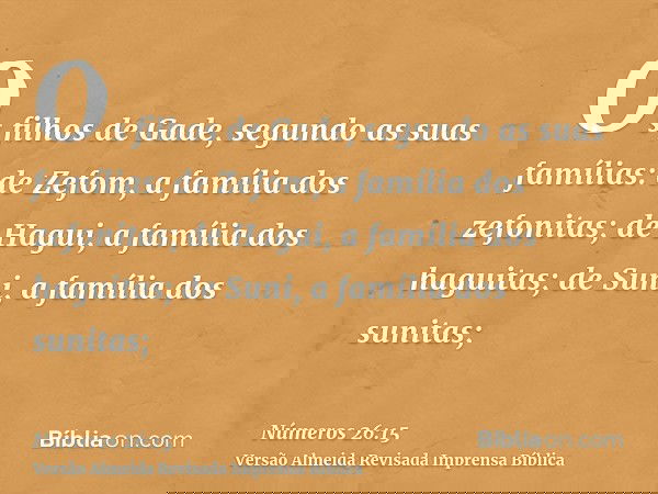Os filhos de Gade, segundo as suas famílias: de Zefom, a família dos zefonitas; de Hagui, a família dos haguitas; de Suni, a família dos sunitas;