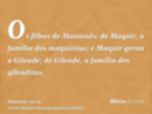 Os filhos de Manassés: de Maquir, a família dos maquiritas; e Maquir gerou a Gileade; de Gileade, a família dos gileaditas.