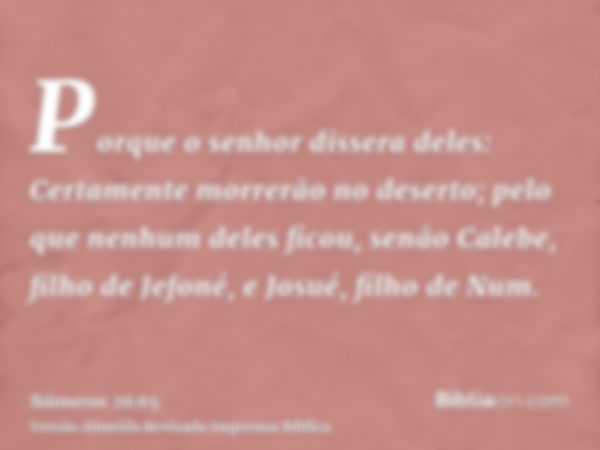 Porque o senhor dissera deles: Certamente morrerão no deserto; pelo que nenhum deles ficou, senão Calebe, filho de Jefoné, e Josué, filho de Num.