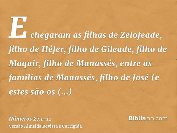 E chegaram as filhas de Zelofeade, filho de Héfer, filho de Gileade, filho de Maquir, filho de Manassés, entre as famílias de Manassés, filho de José (e estes s