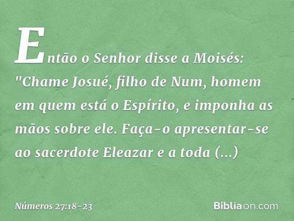 Então o Senhor disse a Moisés: "Chame Josué, filho de Num, homem em quem está o Espírito, e imponha as mãos sobre ele. Faça-o apresentar-se ao sacerdote Eleazar